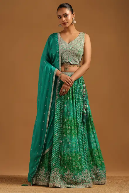 Green Chinon Floral Zari Embroidered Lehenga With Stones And Sequin